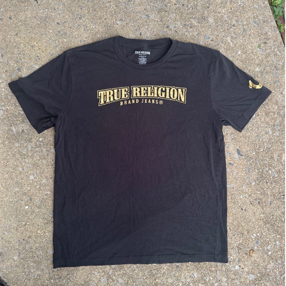 True Religion Mens T-Shirt 2XL Black Gold Logo Graphic Short Sleeve Cotton Tee
